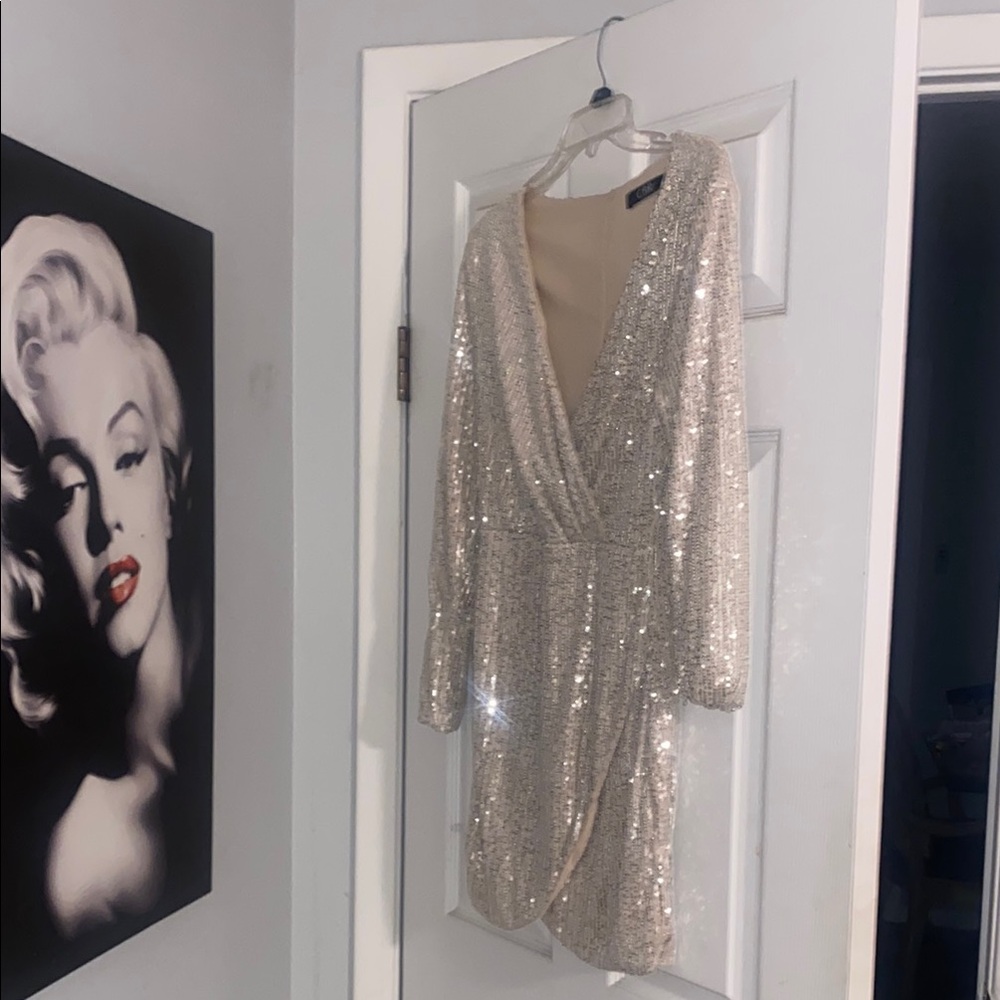 CBR Cream Sequin Cowl Neck Cocktail Dress